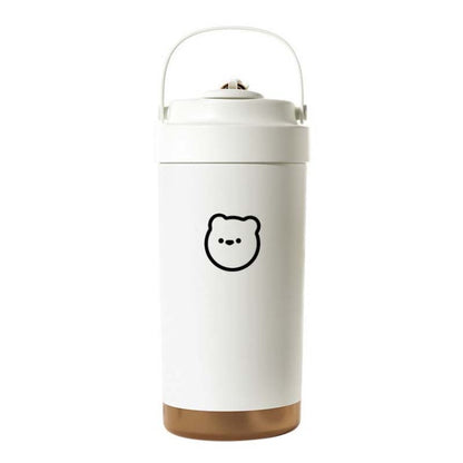 White insulated stainless steel travel mug with handle and bear face logo, 500ml