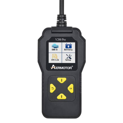AERMOTOR V200 Pro handheld OBDII engine scanner with screen, buttons, and cable port
