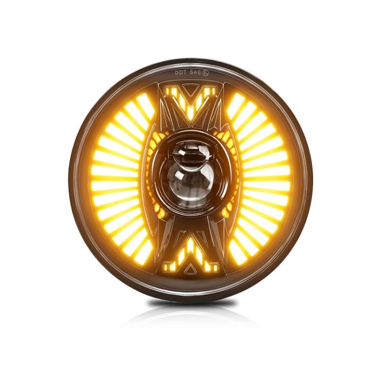 7-inch round LED headlight with amber ring fan-style light, black housing