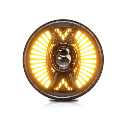 7-inch round LED headlight with amber ring fan-style light, black housing