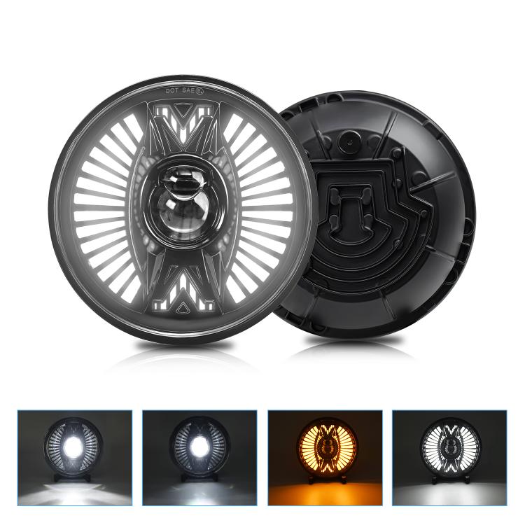 7-inch round LED headlight with silver fan rays, front and rear housing shown