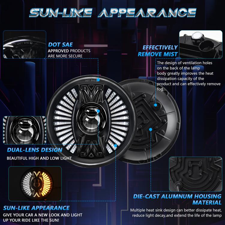 7-inch round dual-lens LED headlight with silver fan rays and black rear housing