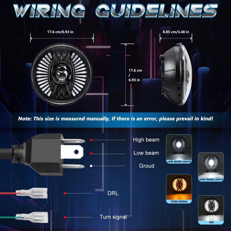 7-inch round LED headlight with front fan pattern and side profile view