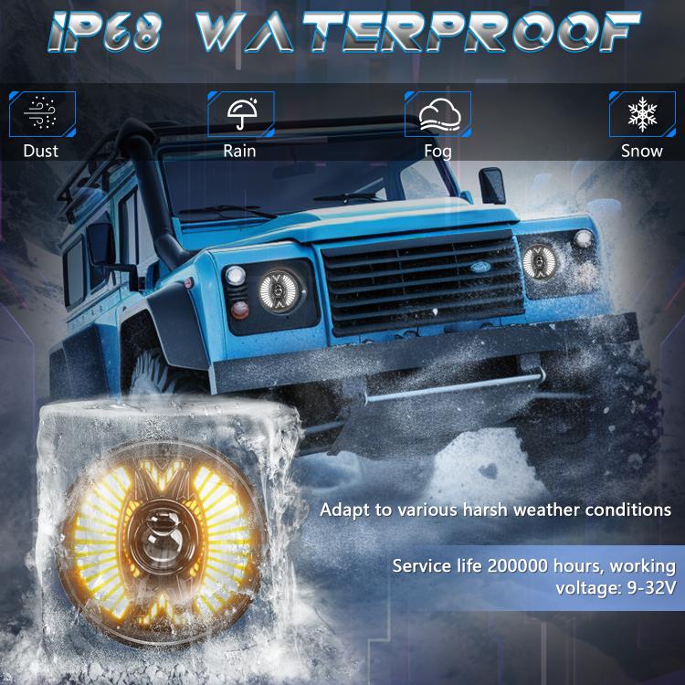 7-inch round LED headlight with amber fan rays and black housing, lit