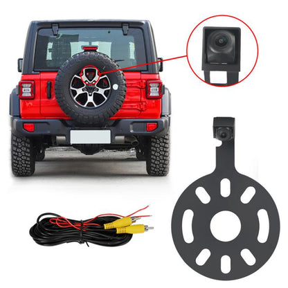 Car backup camera kit with square lens unit, mounting plate, and RCA wiring cable