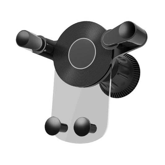 Black gravity phone mount with vent clip, circular center plate, and two arms