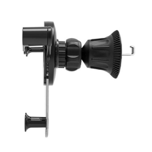 Black car air vent mount with rotating clamp, vent blades, and extension arm
