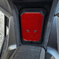 Red carbon-fiber fuel tank sticker with two cutout holes in the panel