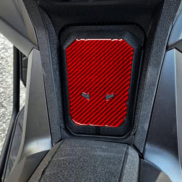 Red carbon-fiber fuel tank sticker with two cutout holes in the panel