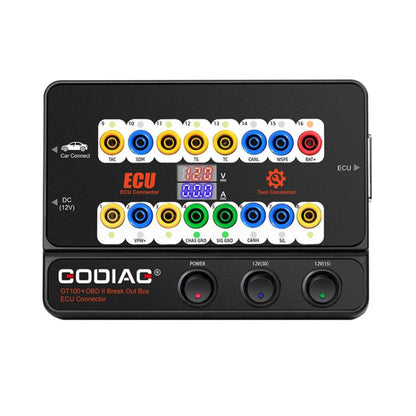 OBDII ECU breakout box tester with multi-color port panel and power controls