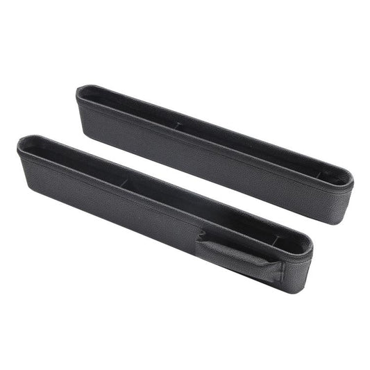 Black car seat gap storage box set with two long organizers and side slot openings