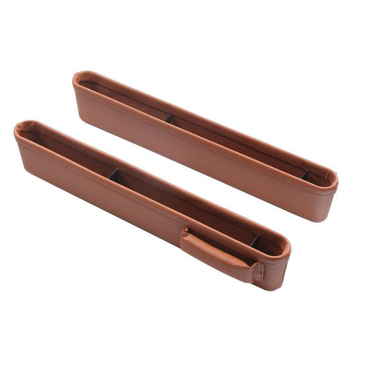 Brown car seat gap storage box set with two long organizers and side slot openings