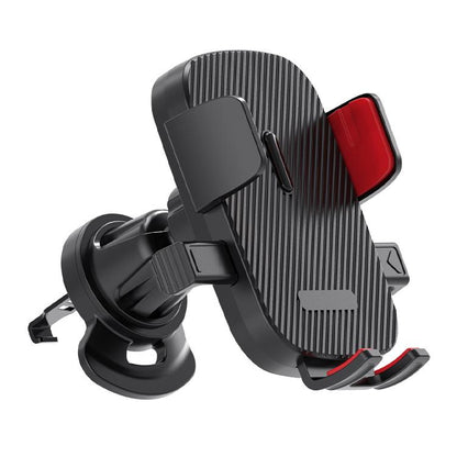 360-degree rotating car air outlet phone holder, black with red grips.