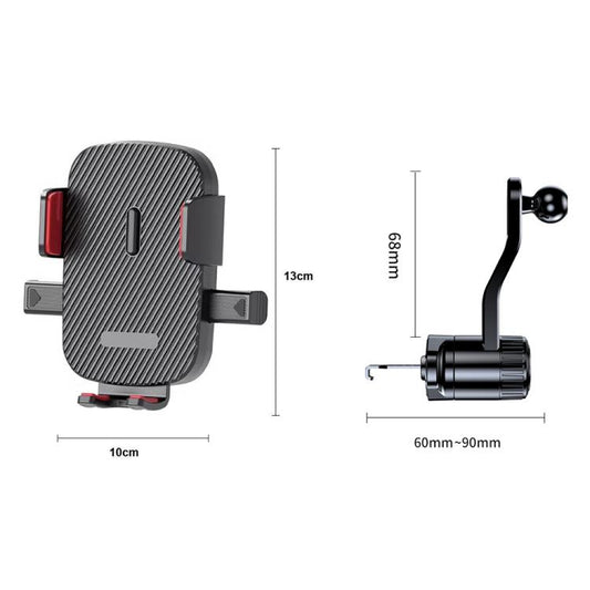 Car phone air vent mount dimensions showing rotating holder and vent clamp, black/gray