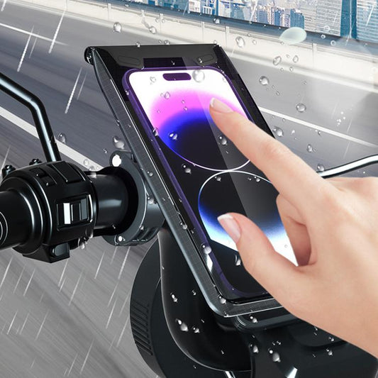 Waterproof phone holder on bike mount, phone screen visible in dark pouch under rain