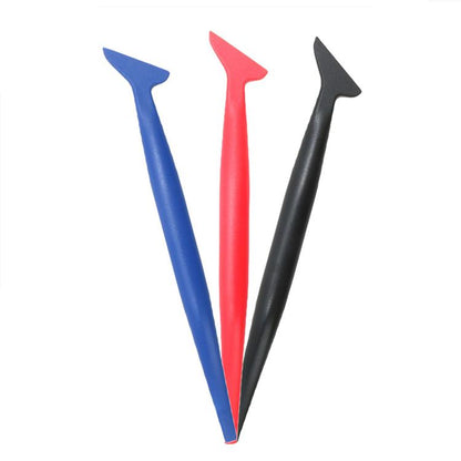 Car film scraper tool set, three wedge-edged plastic scrapers in blue, red, and black
