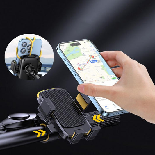 Phone mounted in black holder with yellow silicone strap on bike handlebar