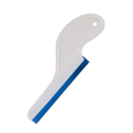 Arc-shaped car glass scraper with white silicone body and blue edge, cleaning tool