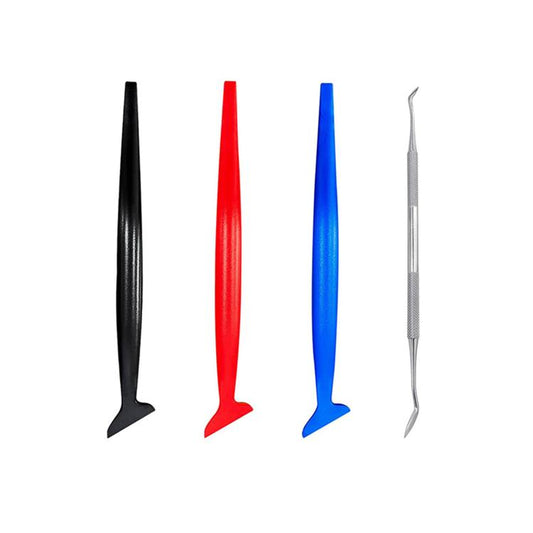 4-piece car film edge trimmer set with black, red, blue scrapers and a gray tool