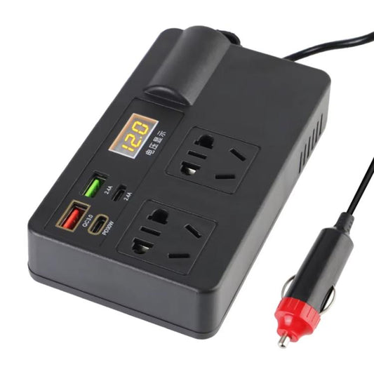 Black car power inverter socket charger with two AC outlets and cigarette lighter plug