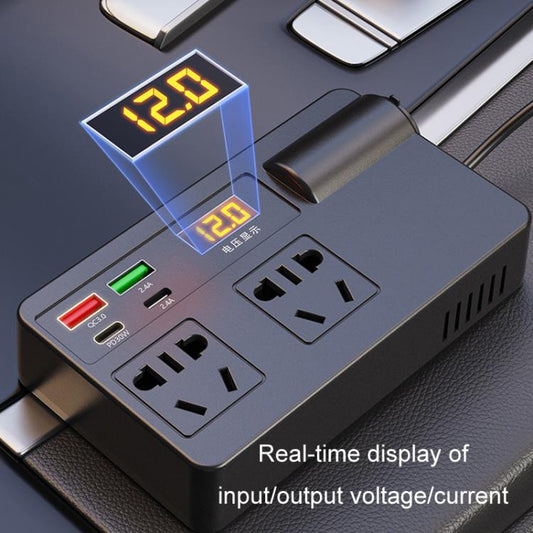 Black inverter socket with glowing voltage display, two AC outlets, and side USB ports