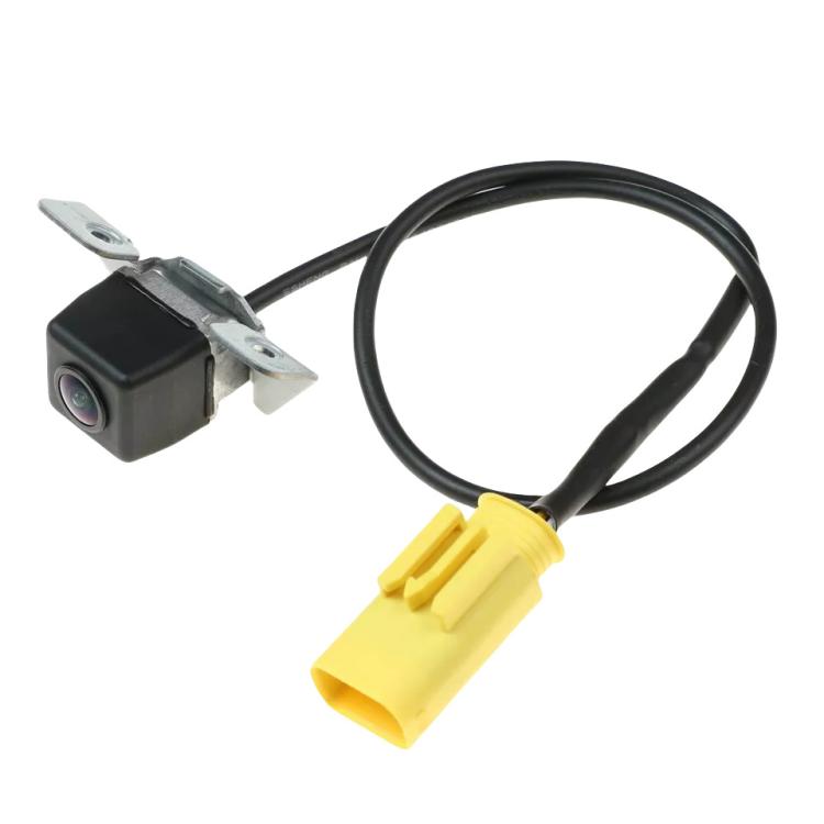 Compact rearview camera module with mounting bracket, black cable, yellow plug