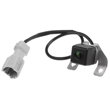 Black rear view camera module with green lens, wiring harness and mounting bracket