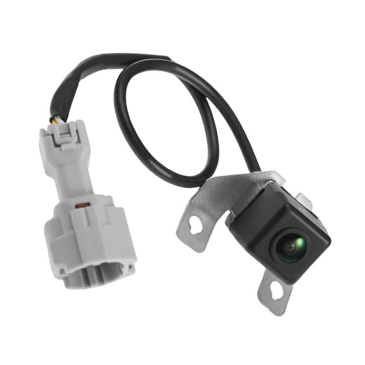 Rear assist camera with green lens, black housing, wire leads and metal mounting bracket