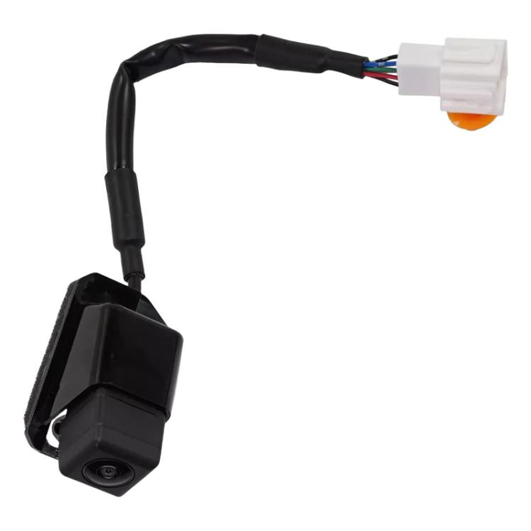 Reversing assist camera with angled bracket and wiring connector plug