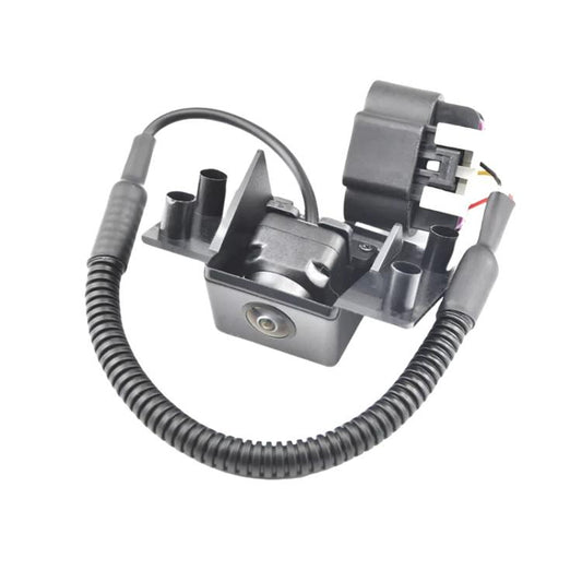 Rear view camera bracket with mounting clips and wiring harness, gray connector interface