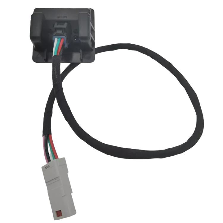 Rearview camera housing with black cable and white connector
