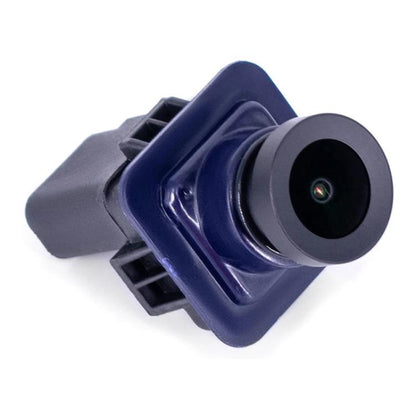 Rear view backup camera module with blue housing and round lens