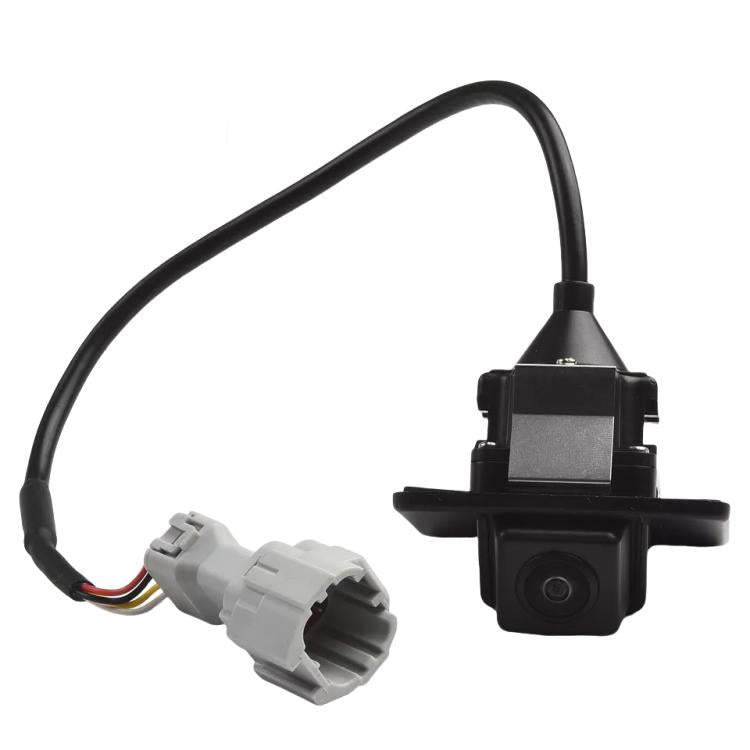 Rear view reversing assist camera with wiring harness and connector, black and gray
