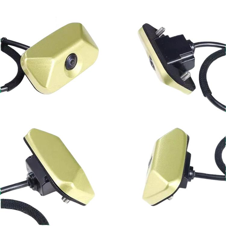Reversing assist camera kit with gold housings and black wiring, mounting hardware