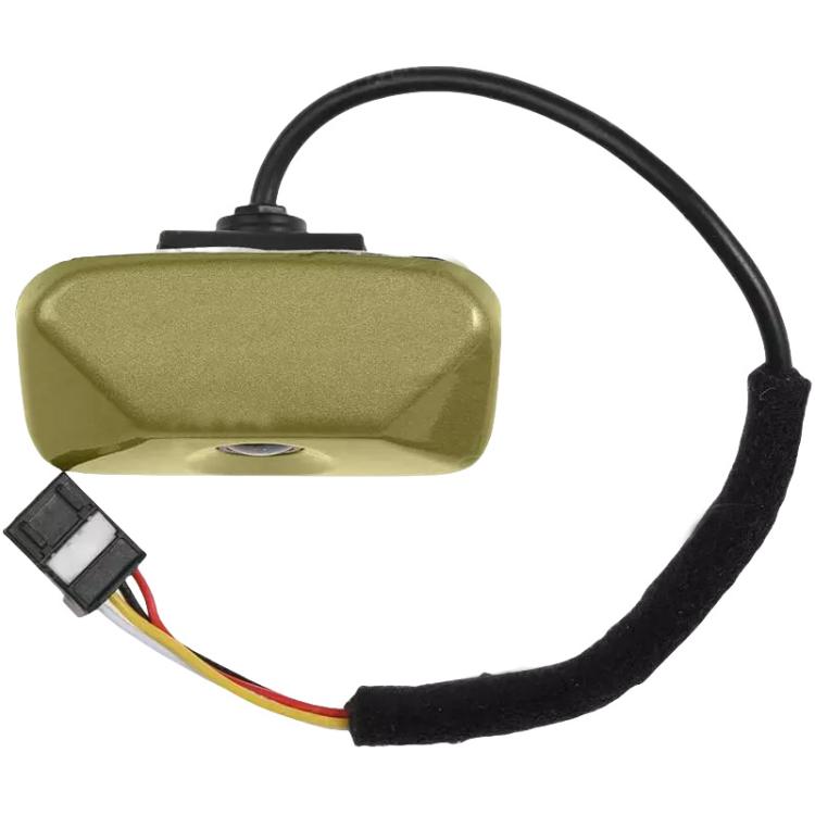 Reversing assist camera with gold housing, black cable loop, and multi-wire connector