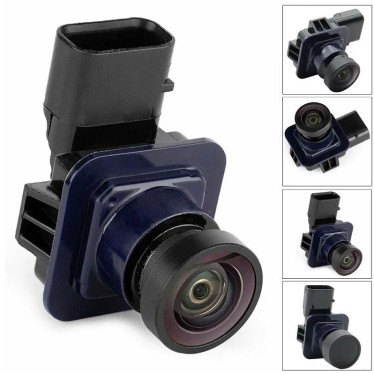 Rear view backup camera with blue housing, black lens, and mounting bracket