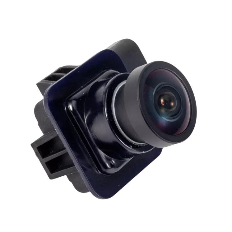 Backup camera lens with dark housing, blue trim, and multi-pin plug