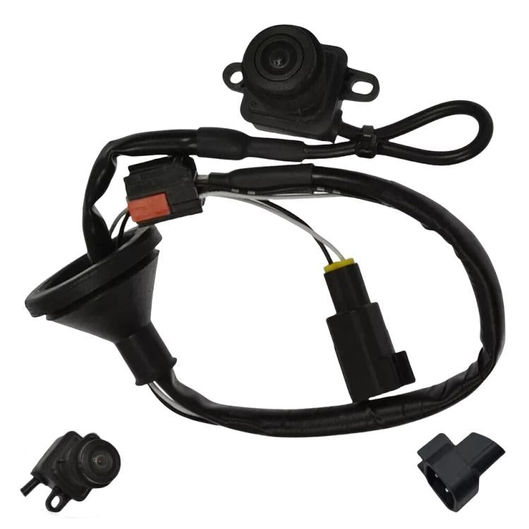 Rear view reversing camera assembly with connector plugs and black wiring harness