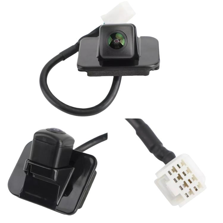 Rear view reversing camera shown from multiple angles, black lens module with white connectors