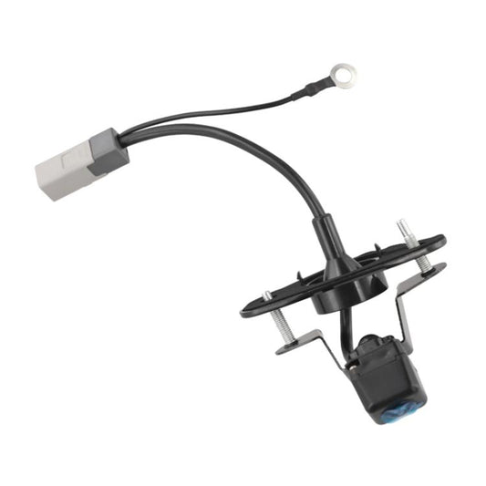 Backup camera wiring harness with mounting bracket, black sensor housing, cable leads