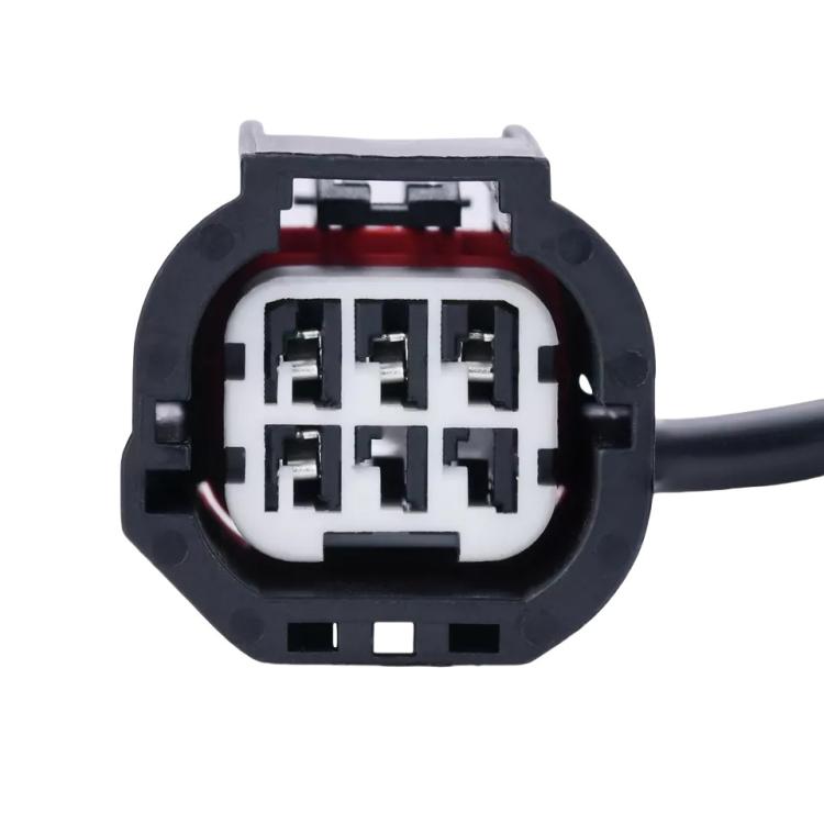 Rearview auxiliary camera connector with exposed pin terminals and black housing