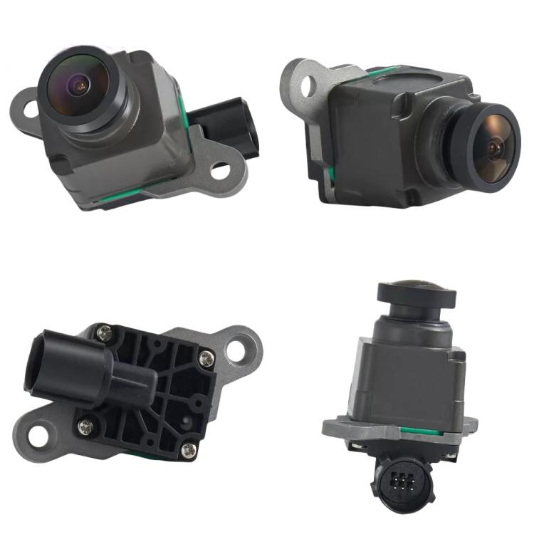 Reversing camera module set showing lens, bracket, connector, and mount plate