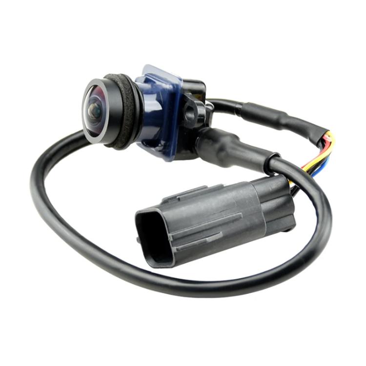 Rearview backup camera with lens housing and black electrical connector plug