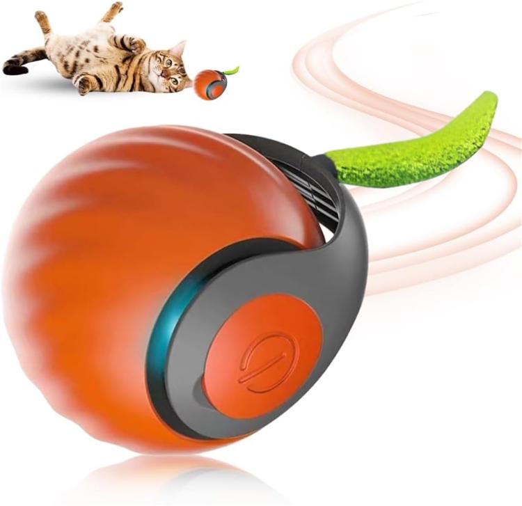 Orange smart self-rolling cat toy ball with green tentacle and black base, USB rechargeable.