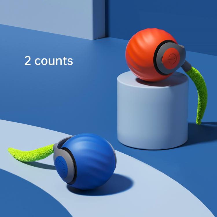 Orange self-rolling cat toy ball with black wheel and green tentacle accessory.