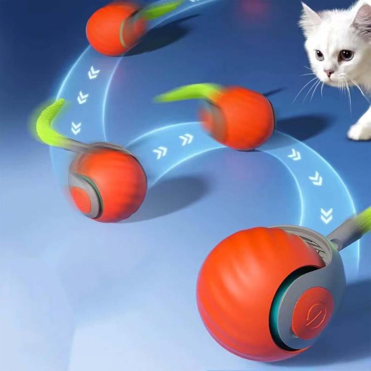 Orange self-rolling cat toy ball with green tentacle, motion arcs, and black base.