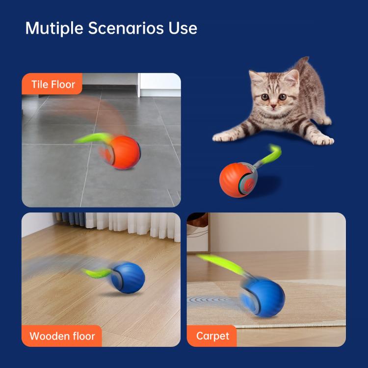 Self-rolling cat toy ball in orange with green tentacle accessory on floors.