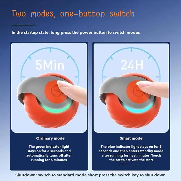 Orange smart self-rolling cat toy ball with one-button control on base.