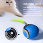 Adjustable-speed blue self-rolling cat toy ball with green tentacle and black base.