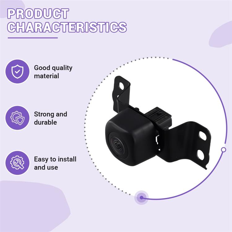 Black front view assist camera with mounting bracket, shown with product details